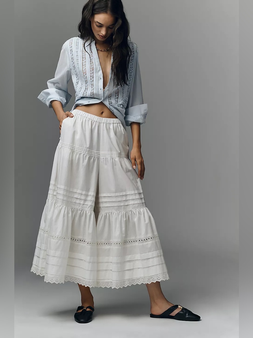 NWT Size M - Anthro 100% Cotton Lace Petticoat Crop Wide-Leg Pants (US$ 168)